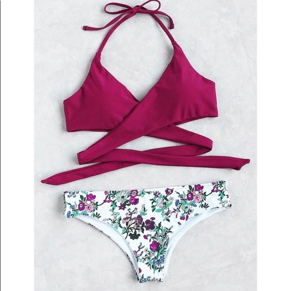 Other - Floral Halter Wrap Knotted Back Bikini